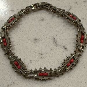 Silver Tone Orange Stone Native American Style Bracelet